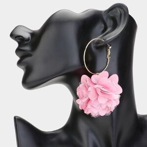 Gold & Pink Fabric Flower Statement Earrings